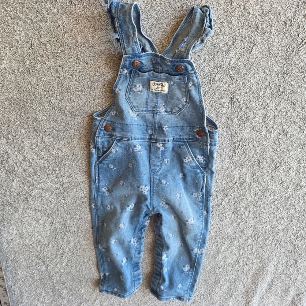 OshKosh Bgosh Baby Floral Denim Overalls Blue Ruffle Straps 18M OSH89379-SSI